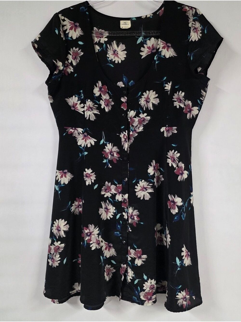 O'Neill Betty Black Floral Print Mini Dress, Size Medium